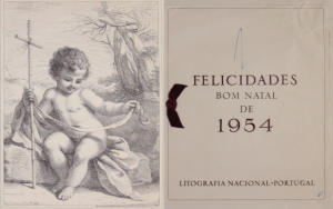 Cartão de Boas Festas de 1954 recebido no Gabinete do Ministro do Ultramar. Reproduz uma gravura de 1866, da autoria de "Nunes Discípulo da Aula de Gravura da Academia Real de Belas Artes de Lisboa" 